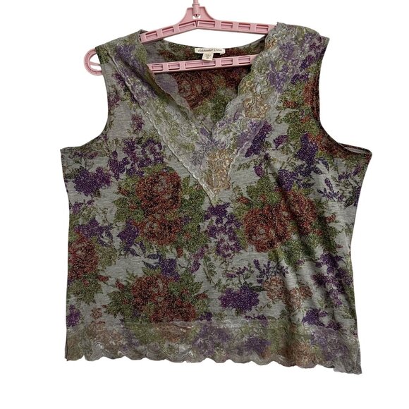 Coldwater Creek XL Sleeveless Dark Floral Lace Trim Top Boho Fairy Made In USA - Picture 1 of 7